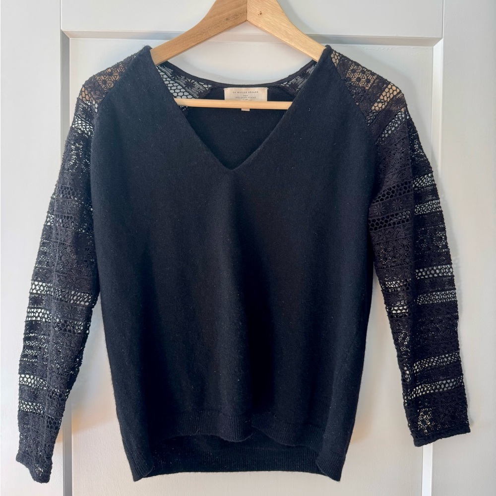 Sezane Wool Cashmere Blend Sweater with Beautiful Lace Sleeves Black